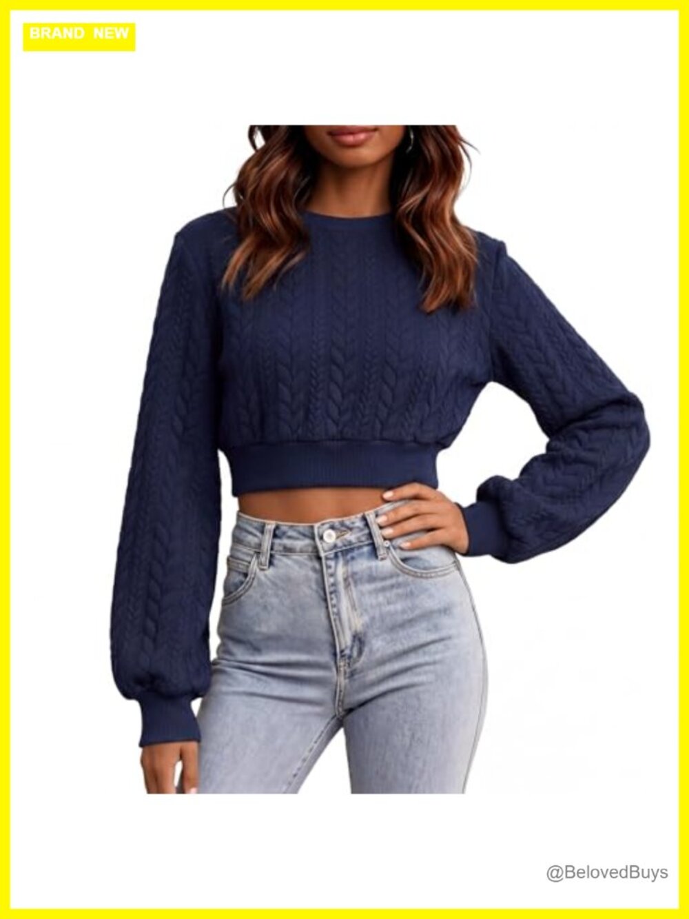 Women Crew Neck Cropped Cable Knit Pullover Sweater Long Lantern Sleeve Fitted - Picture 1 of 6